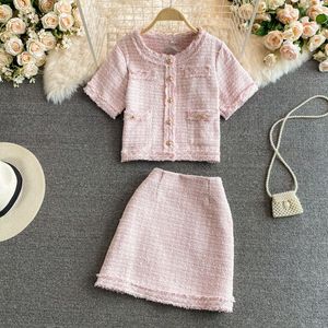 Été Nouvelle femmes manches en tweed à manches courtes en tweed et jupe A-Line 2 PCS Robe Twinset Suit ML