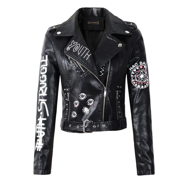 Vestes en Faux cuir souple pour femmes, manteaux dame noir PU Rivet fermeture éclair épaulette impression 3D moto Streetwear