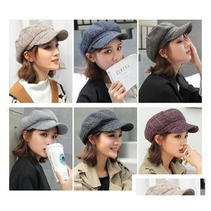 Nouvelles femmes béret chapeaux octogonaux peignés plaid gavroche casquettes courtes avant-toit dôme style de loisirs automne et hiver pour dame livraison directe Dhqk2