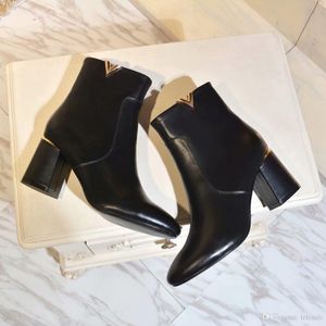 Nouvelles femmes noir en cuir véritable bottines dames Sexy talons épais bottes chaussures d'hiver 35-40 livraison gratuite