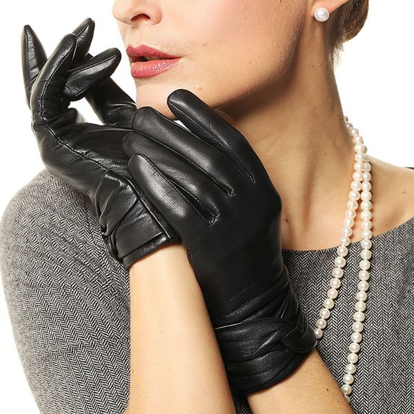 Nuevos guantes de cuero negros con pantalla táctil para mujer, guantes cálidos de moda para invierno, guantes de conducción de piel de cabra auténtica, cinco dedos L074NZ1