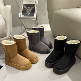 Bottes de neige à semelle épaisse pour femme, chaussures de styliste, noires, grises, kaki, rondes, chaudes et moelleuses, en coton, nouvelle collection