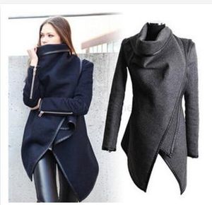 Nieuwe damesjas asymmetrische PU Piping Zipper Pockets Fashion Slim Wool Trench Winter Coat Color Navy Gray Casacos Femininos SXXL339596