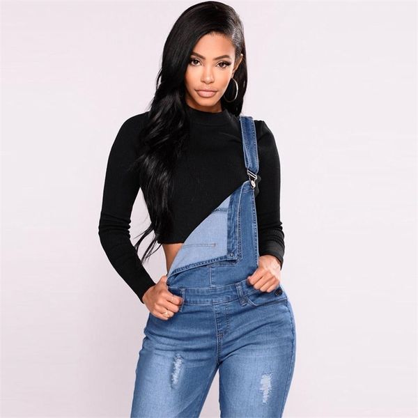 Nouveau Femmes Denim Salopette Ripped Stretch Dungarees Haute Taille Longue Jeans Crayon Pantalon Barboteuses Combinaison Bleu Jeans Combishort 210317