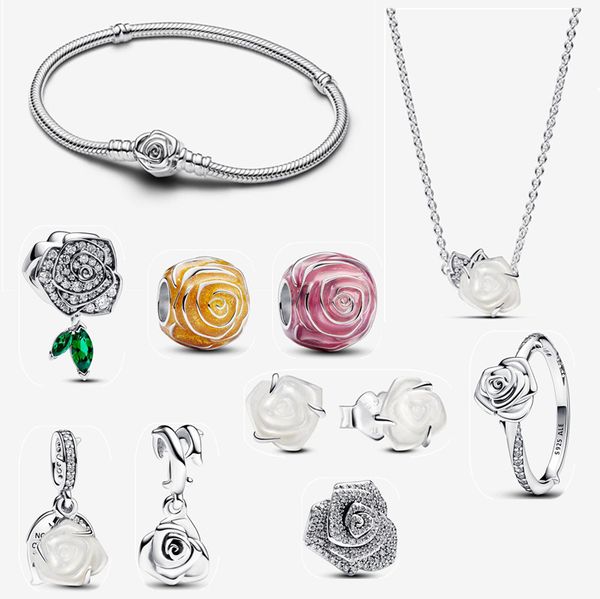 Nouvelles femmes Designer Charm Bracelet DIY Fit Pandoras Blanc Rose en Bloom Colliers Collier Boucle d'oreille de luxe Bague avec diamants Fleur Bracelet bijoux cadeau mère