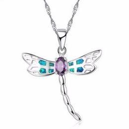 Nieuwe Vrouwen Dragonfly Ontwerp Hanger Ketting 925 Sterling Zilver Blauw Vuur Opaal Kettingen Sieraden voor Lady279R