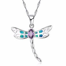 Nuevo collar con colgante de diseño de libélula para mujer, collares de plata de ley 925 con ópalo de fuego azul, joyería para Lady329B