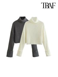 Neue Frauen Mode Abgeschnitten Einbau Stricken Pullover Vintage High Neck Langarm Weibliche Pullover Chic Tops