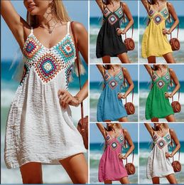 Nova moda feminina sexy fino crochê oco flor vestidos de praia com decote em v cinta saia longa biquíni protetor solar vestido