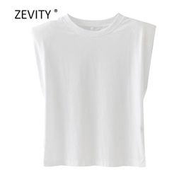 NIEUWE Women Fashion Solid Color Shoulder Pad Casual T Shirts Vrouwelijk Basic O Nek Mouwloze gebreide T -shirt Chic Leisure Tops 210317