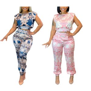 New Women Fashion Two Piece Pant sets à manches courtes Crew Coun Print Top et pantalon skinny Impression de femelles africaines Suisses sexy set SE1