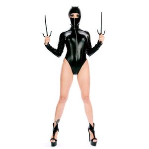 Body en Faux cuir pour femmes, manches longues, visage couvert, Costume Ninja Cosplay Halloween, nouvelle collection