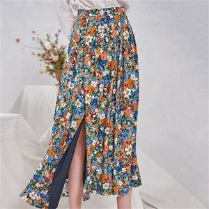 Vrouwen bloem geplooide rok katoen kleurrijke bloemenprint knopen elegante split lange rokken 210306