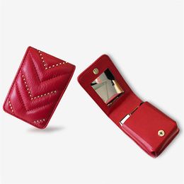 Nouveau Femmes En Cuir Véritable Rouge À Lèvres Maquillage Sac V Vague Motif Dames Portable Miroir Cosmétique Cas En Peau D'agneau Designer Make Up handba2364