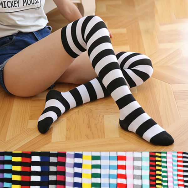 Nouveau Femmes Filles Sur Le Genou Longue Rayure Imprimée Cuisse Haute Rayé Motif Chaussettes À Motifs Couleurs Doux Mignon Chaud En Gros Lot