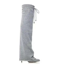 Nouvelles femmes gris coton tissu bout pointu talons fins à lacets avant genou pantalon haut bottes femme Tube sans lacet mince longue Botas chaussure