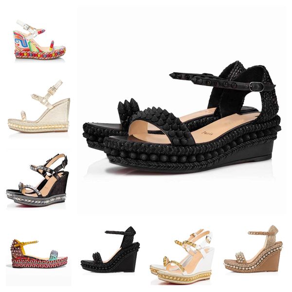 Nouveau Femmes Talons Hauts Designer Talon Coin Pyraclou Goujons Madmonica Espadrille Compensées Plateforme Gladiateur Sandales Rouge Bas Dames Sandales Compensées Pointes Rivets boîte