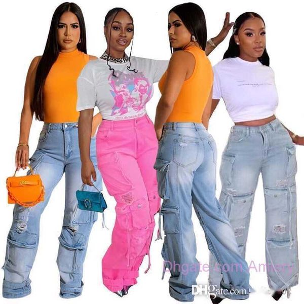 Nuevas mujeres jeans moda pantalones de invierno de otoño ropa streetwear streetwear sexy agujero roto bolso múltiple pantalones de mezclilla suelto pantalones