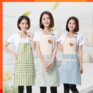 Nouveau femmes tabliers de cuisine lavables imperméable à l'eau résistant à l'huile dessin animé ours coton et lin Smock ménage nettoyage pour la cuisine