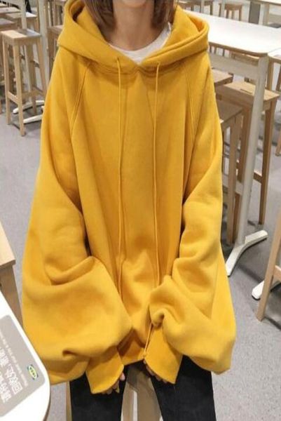 Nuevas mujeres coreanas sueltas con cordón sudaderas con capucha para mujer manga de linterna jerseys de calle Tops abrigo de lana de Color sólido niñas de gran tamaño Yellow4937385
