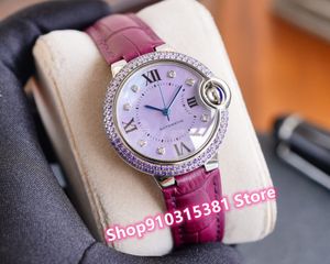 Montre-bracelet géométrique en cuir pour femmes, en acier inoxydable, avec lunette en diamant violet, horloge à chiffres romains, 33mm, nouvelle collection