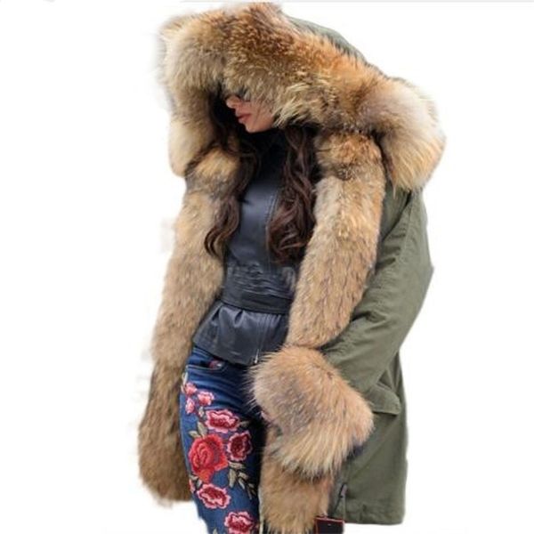 Nouveau Femmes Grand Col De Raton Laveur À Capuche Réel Fourrure De Renard Manteau Noir Armée Vert Parkas Outwear Veste D'hiver 201103