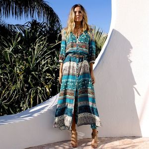 Nieuwe vrouwen lange jurk bohemian stijl nieuwe v-hals spilit jurken vrouwelijke sexy zomervakantie look