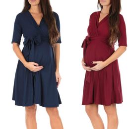 Nuevo vestido de maternidad para mujer, fajas con lazo para embarazo, vestido de media manga con cuello en V, minivestido informal plisado, ropa para mujeres embarazadas