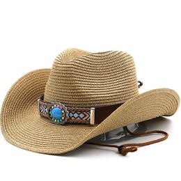Nieuwe vrouwen mannen Western Cowboy Hat Paper Straw Jazz Fedora Hoed Wide Zon Bescherming Beach Cap National Style Classic Tophoed