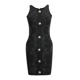 Nieuwe vrouwen Milan Runway Dresses Crew Neck Hort Mouw Patchwork Lion Head Buttons Hoogwaardige Slim Korte SHEEP BODYCON PARTY Club Wear Gebreide kleding Vestidos My515