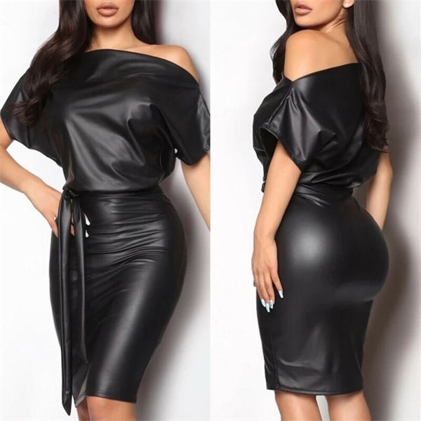 Nuevas mujeres fuera del hombro manga larga PU cuero Casual negro Wet Look Bodycon vendaje fiesta cinturón lápiz cóctel Club Mini vestido X0705