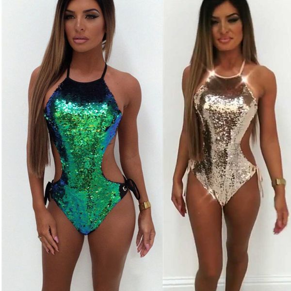 Nuevo traje de baño de una pieza para mujer, ropa de playa verde dorada, traje de baño Sexy sin espalda, Push-up, lentejuelas, Monokini, Bikini, Monokinis de baño''gg''N9D8