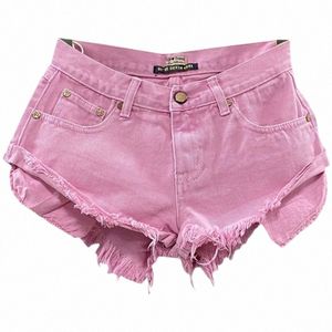 Nieuwe Vrouwen Roze Lage Taille Gat Gescheurd Persalized Lage Taille Denim Shorts Jeans Wijde Pijpen Hot Pants c7dx #