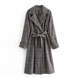 Vrouwen plaid jas v nek dikker warme wollen mantel voor winter herfst knie lengte losse elegante sjerpen uit het kader van de maten 201215