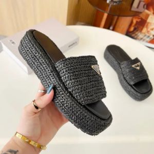 New Women Platform Slippers Raffia Raffia Sandale Sandale Made Italie Triangle boucle Mules Bottom topo Bott