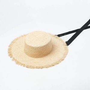 Nieuwe dames raffia strohoeden met lange lint platte top panama strand zon hoeden vakantie bowknot cap