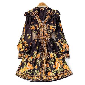 Nouvelles femmes Retro Baroque Style V-Neck lanterne à manches longues Fleurs imprimées simples à poitrine A-Line Short Desinger Robe Mlxlxxl