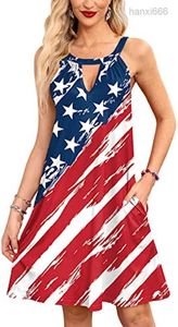 Nieuwe dames 4 juli mouwloze keyhole halter mini-jurk met Amerikaanse vlag en zak