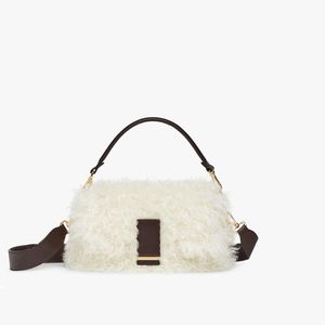 NUEVO Bolso baguette para mujer Solapa Cachemira Bolso de lana de mohair blanco mediano Bolsos cruzados de piel icónicos Bolsillo con cremallera en el hombro Cuero marrón oscuro dorado Cierre de moda tamaño 37-15-6 CM