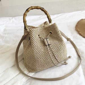 Nouveau Femmes s Bohème Bandoulière Sac Cordon De Paille Tissé Seau Sacs Femme Rotin Osier Bambou Poignée Plage Sacs À Main 230209