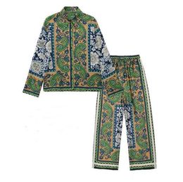 Nieuwe damesontwerper Tweede stuk broek Lange mouwen Shirt+Wide Leg Pants Casual Pyjama Style Gedrukte mode Beatiful Green Color Pants For Lady