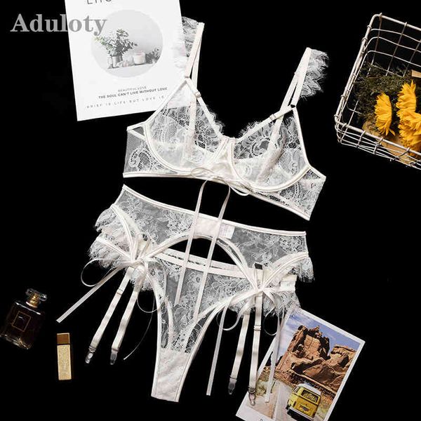 Neues Damen-Wimpernschnür-Spitzenstrumpfband-Sexy-Dessous-Set mit dünnem Abschnitt, durchsichtiger Netz-Erotikunterwäsche, Bügel-BH, Tanga, X0526