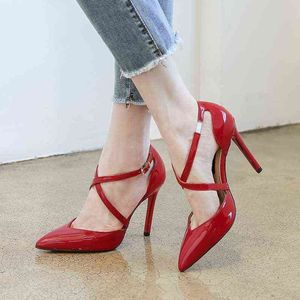 Nouvelles femmes talons hauts en cuir verni bretelles croisées pompes pointues chaussures simples femmes chaussures de mariage rouge chaussures de banquet G220527