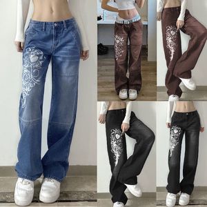 Nieuwe damesjeans bedrukte cargojeans Y2K donkerblauw bruin hoge taille streetwear jaren 90 damesbroek Rechte jeans met wijde pijpen