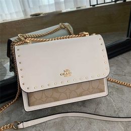 Nieuwe dames Klare Chain Rivet Printed Splice One Schouder Crossbody Flap Small Square Bag 2147