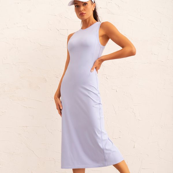 Nuevas mujeres, vestidos largos, casuales, deportivos, divididos, vestido ajustado y sexy sin mangas, color sólido, ajustado, para mujeres, para ir a la reunión deportiva, ropa de moda