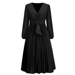 Robe plissée à manches longues et col en v pour femmes, jupe trapèze haut de gamme populaire, nouvelle collection