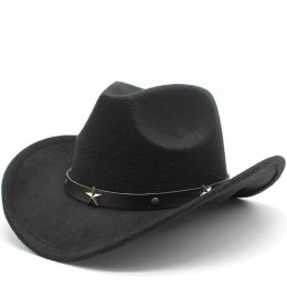 Nuevo Sombrero de lana calado para hombre y mujer, Sombrero de Cowboy del oeste con cinta lisa, Sombrero de Jazz para caballero, Vaquera, Toca de Jazz