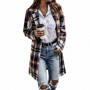 Nieuwe Vrouwen Plaid Shacket Jas Casual Butt Revers Wolmix Trenchcoat Met Zakken Lg Mouw Jas Bovenkleding T98s #