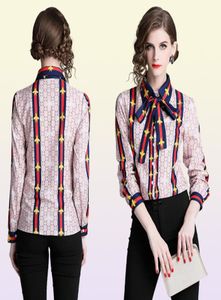 Nieuwe dames gedrukt shirt met nek boog plus maat elegante dames met lange mouwen dames knop blouses runway kantoor ontwerper shirts tops9632882